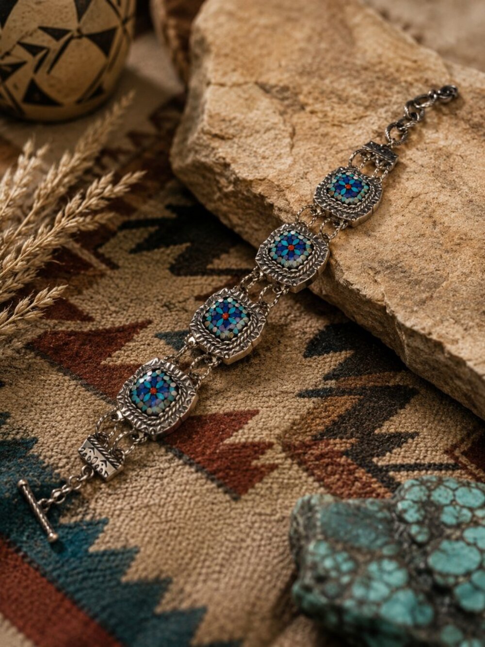 Carolyn Pollack Mosaic Inlay .925 Southwestern Bracelet 7.25"